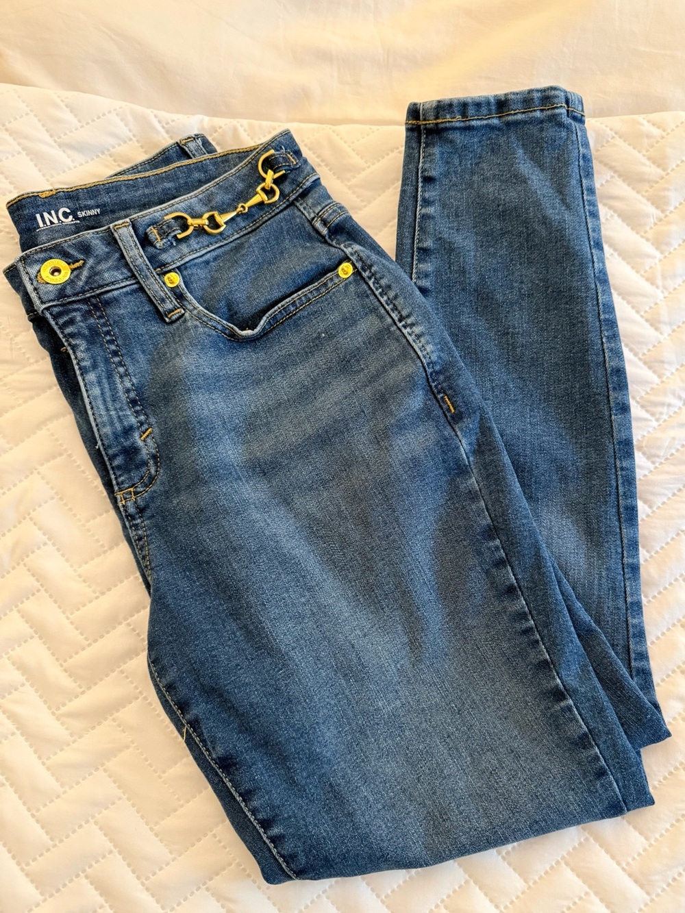 INC International Concepts Mid-Blue Skinny Jeans with Gold Chain
